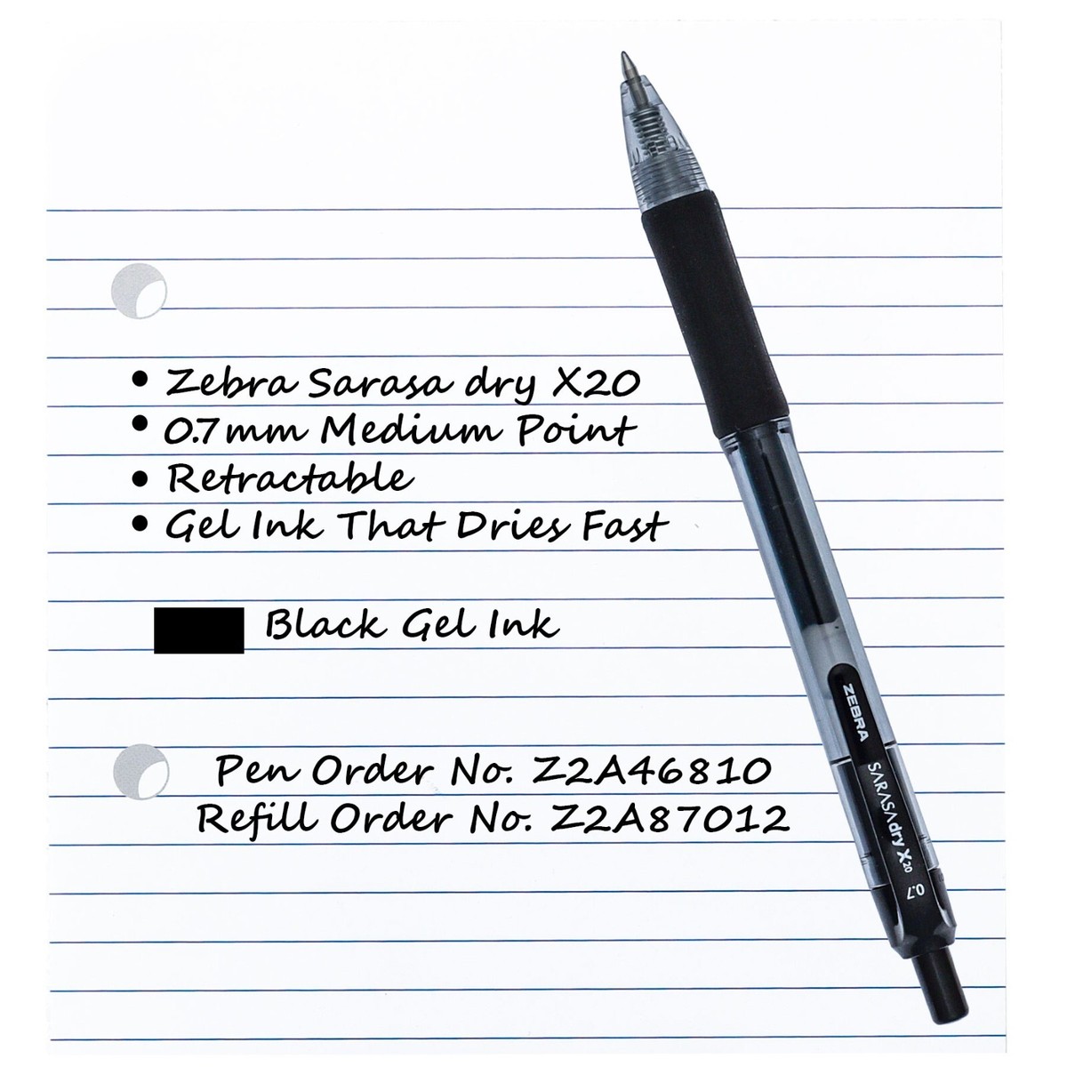 Zebra Sarasa dry X20 0.7 46810 Black Gel Ink 0.7mm Medium Point