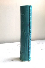 Art Studio Pottery Vase Hand Built Slab Tube Stamped Teal VTG 90s Neo Primitive