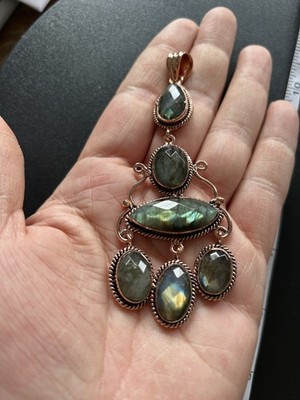 Multi Colored-Faceted-Flashy Labradorite, 5 Stone, Copper Pendant 4 ''