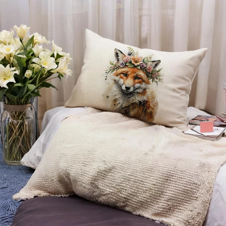 Animals Lumbar Throw Pillow Covers,12X20 Inch Floral Fox Watercolor Wildlife Cus - Image 3 of 4