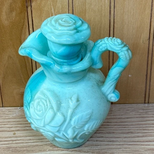 Vintage Avon Aqua Blue Green Mini Pitcher Sculpted Jadite Vanity Decor