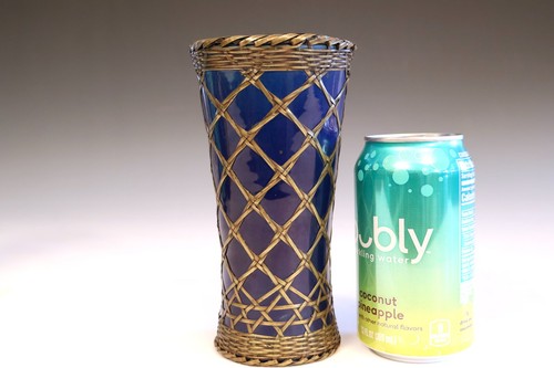 Ancien vase awaji poterie laiton bleu tissage drapeau marque four Sanpei - Photo 7/10