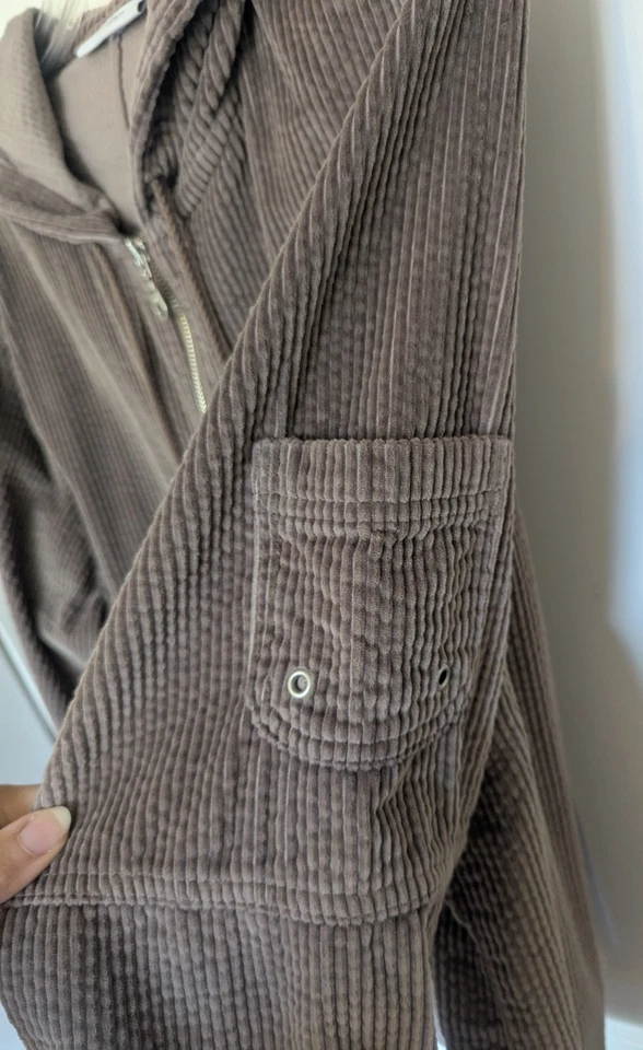 DRESSBARN Women SZ 2X Bust 49" BROWN Corduroy HOODED Full Zip JACKET Pockets (LC - Image 3 of 4