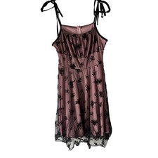 Whimsigoth Pink Floral Black Lace Trim Dress Spaghetti Strap Party Fairy Grunge