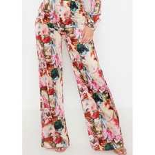 PrettyLittleThing Renaissance Floral Print Wide Leg Trousers Pink Multi US 4