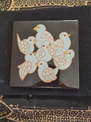 Seven Little Bluebirds Signed Art Tile Elaine Cain 6'' X 6'' Flock