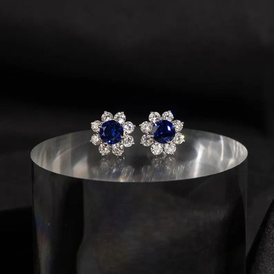 Round Lab Created Sapphire Stud Flower Earrings for Her 14K White Gold Plated
