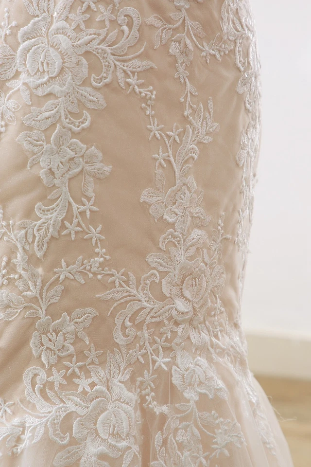 Edles Champagner Mermaid Spitze Brautkleid Hochzeitskleid n.Maß Knöpfe Träger - Bild 3 von 4