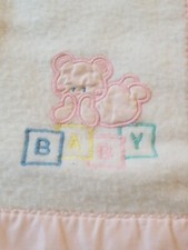 Vintage Baby Blanket Cuddle Time Pink Binding 42" X 35" USA Bear Lovey