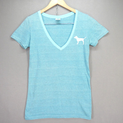Victoria's Secret PINK T-Shirt Oberteil gestreift Kurzarm Tee V-Ausschnitt Freizeit Gr. M