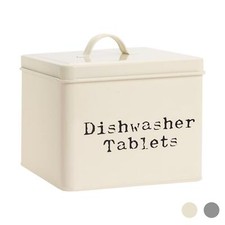 Dishwasher Tablets Storage Container Box Vintage Tin Metal Home Kitchen Cream