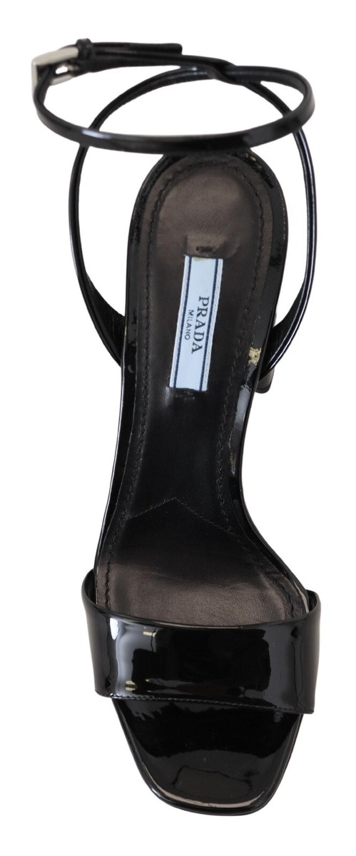 PRADA Shoes Leather Black Patent Sandals Ankle Strap Heels