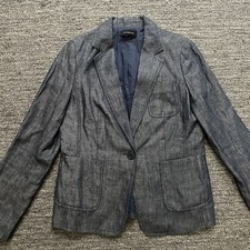 Talbots Blazer Women 10 Blue 100 Linen One Button Patch Pockets Career Nautical