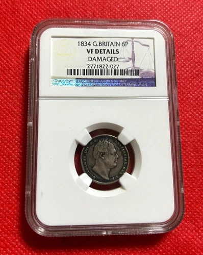 1834 GREAT BRITAIN 6 PENCE NGC VF DETAILS DAMAGED