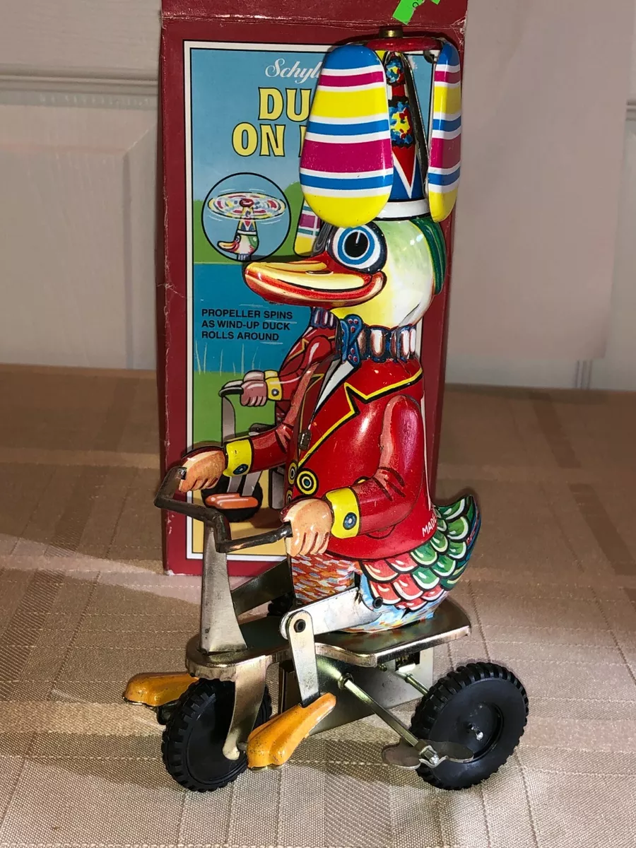 Vintage Schylling Duck on Bike Wind Up Tin Toy in Box A