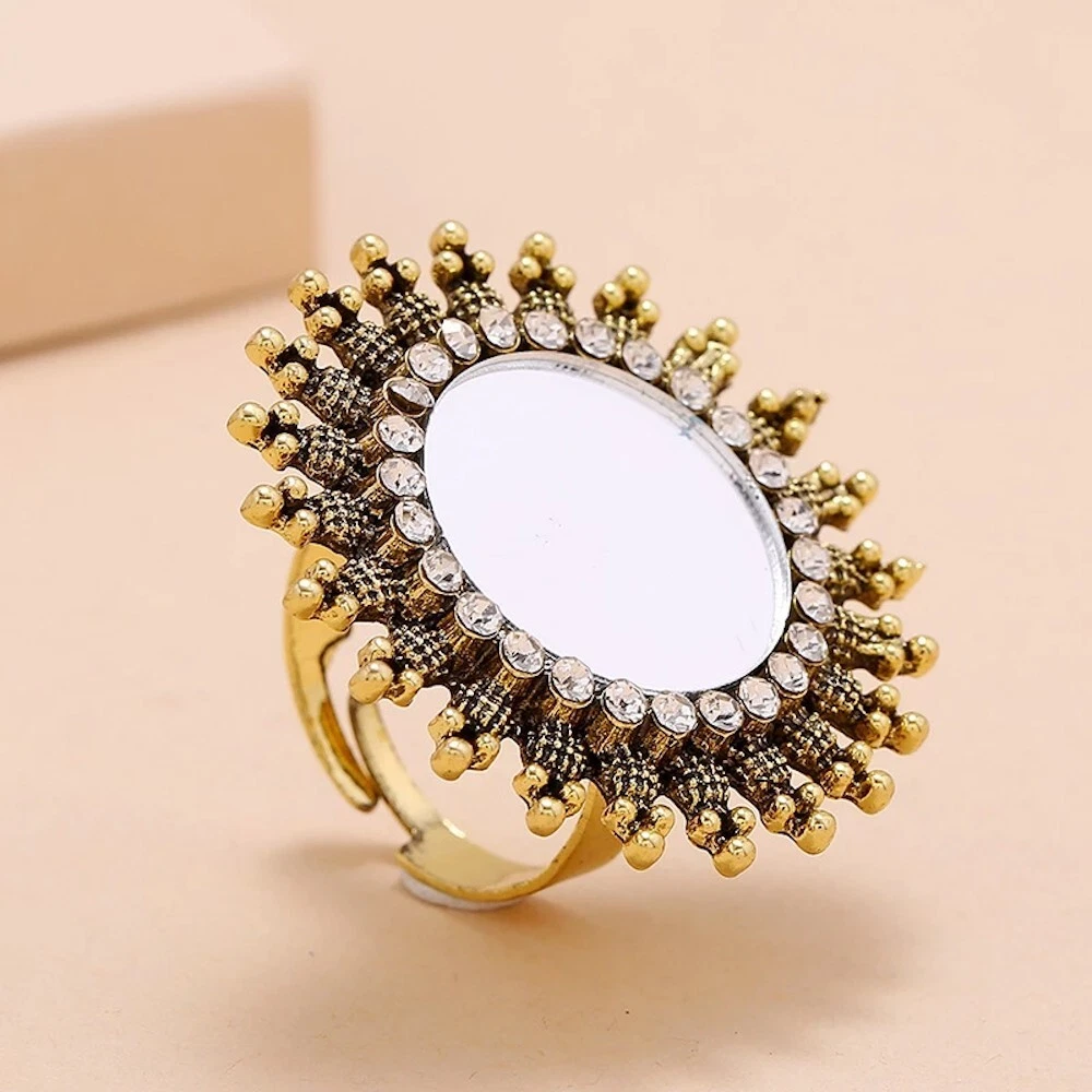 Oxidized Sunflower Gold Mirror Adjustable Finger Ring For Women
