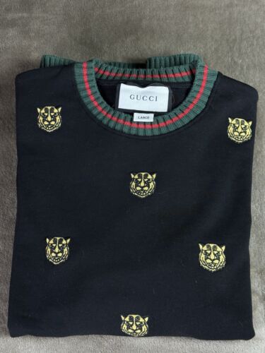 Gucci Men Snake Embroidered Floral Sweater Size Large Grey Black Cotton