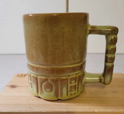 Vintage Frankoma Pottery Mayan Aztec Pattern Green Moss Mug C4