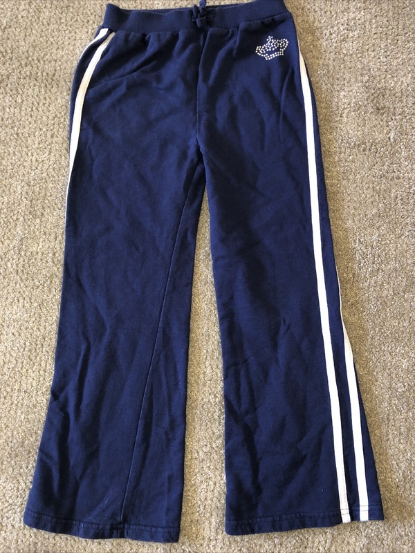 Adams Girl Pants Elastic Waist Jewels Size 9 Yrs  Blue White Trim Gym Style