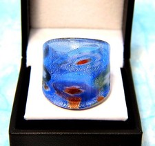 Bohemian style Blue abstract Flower Hand Blown Glass Bling Ring - Size 9.5