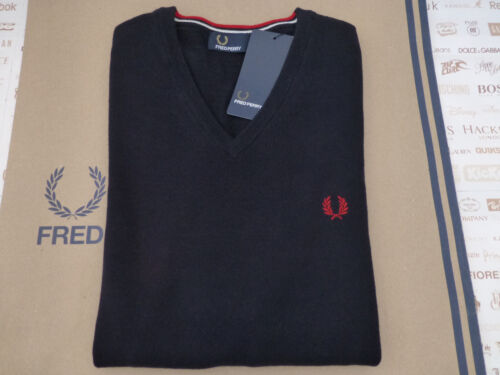 FRED PERRY K3200 Jumper Classic TIPPED V-Neck Size XL Navy Wool Mix Top New R£75 - Photo 1/7