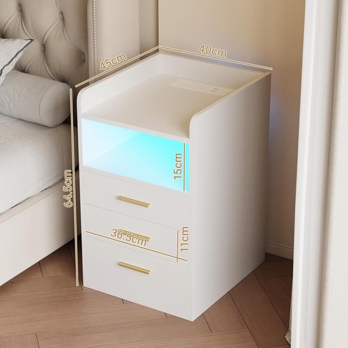 Bedside Table 3 Drawers Wooden, LED Nightstand with Charging Station and USB Po - Picture 2 of 8