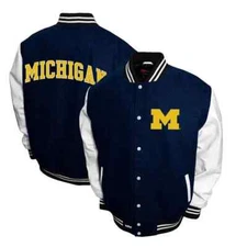 Mens Michigan Wolverines Blue And White Wool Varsity Jacket With Leather Sleeves