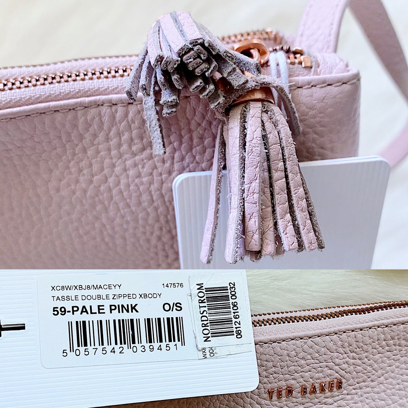 New TED BAKER LONDON Macey Double Zip Leather Crossbody Bag Pale Pink