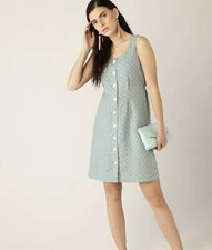 MANGO Women Green & White A-Line Dress polka dot