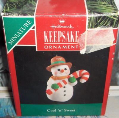 Cool N Sweet`1991`Miniature-Snowman Is Cool,Sweet Candy Cane,Hallmark Ornament