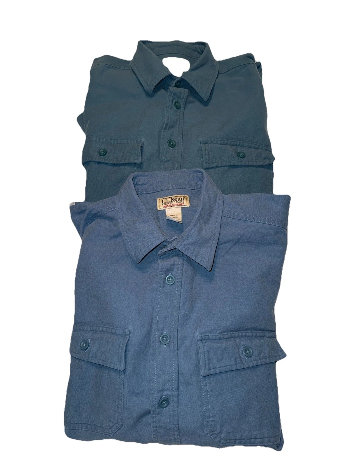 L.L. Bean (2) Chamois Button Shirt L Mens Cotton Flannel Solid Outdoor Blue