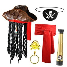 6 PCS Halloween Pirate Costume Set, Pirate Hat with Dreadlocks Braids Pirate