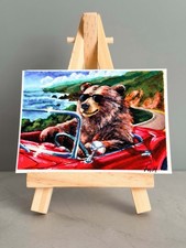 ACEO Print 2.5x3.5” Grizzly Bear Driving Convertible Coastal Signed LeahG777