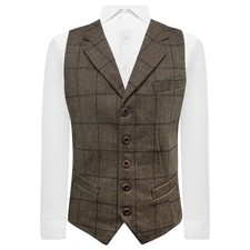 Luxury Peanut Brown Herringbone Check Waistcoat with Lapel, Tweed