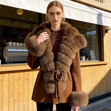 Cardigan donna staccabile pelliccia di volpe collo polsino maglia cappotto medio lungo soprabito tg