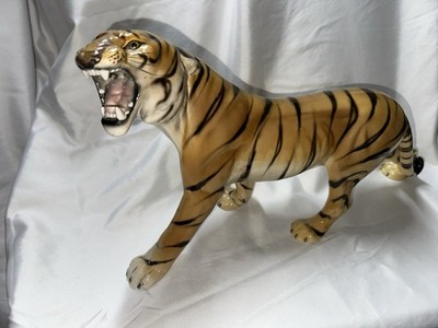 Vintage Italian Ceramic Roaring Tiger Statue Large Hand Painted Italy Art Deco