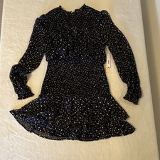 NWT Aqua Black Metallic Smocked Ruffle Mini Dress Long Sleeve Sheer  Size M