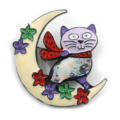 Bunte Emaille Brosche Katze auf dem Mond in schwarzfarbenem Metall - 50 mm breit