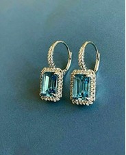 3Ct Emerald Cut Lab-Created Aquamarine Drop/Dangle Earrings 14KWhite Gold Plated
