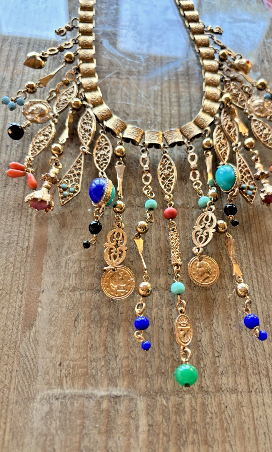 Vintage  Egyptian Revival Desired Multi-colored Glass beads Bookchain Necklace