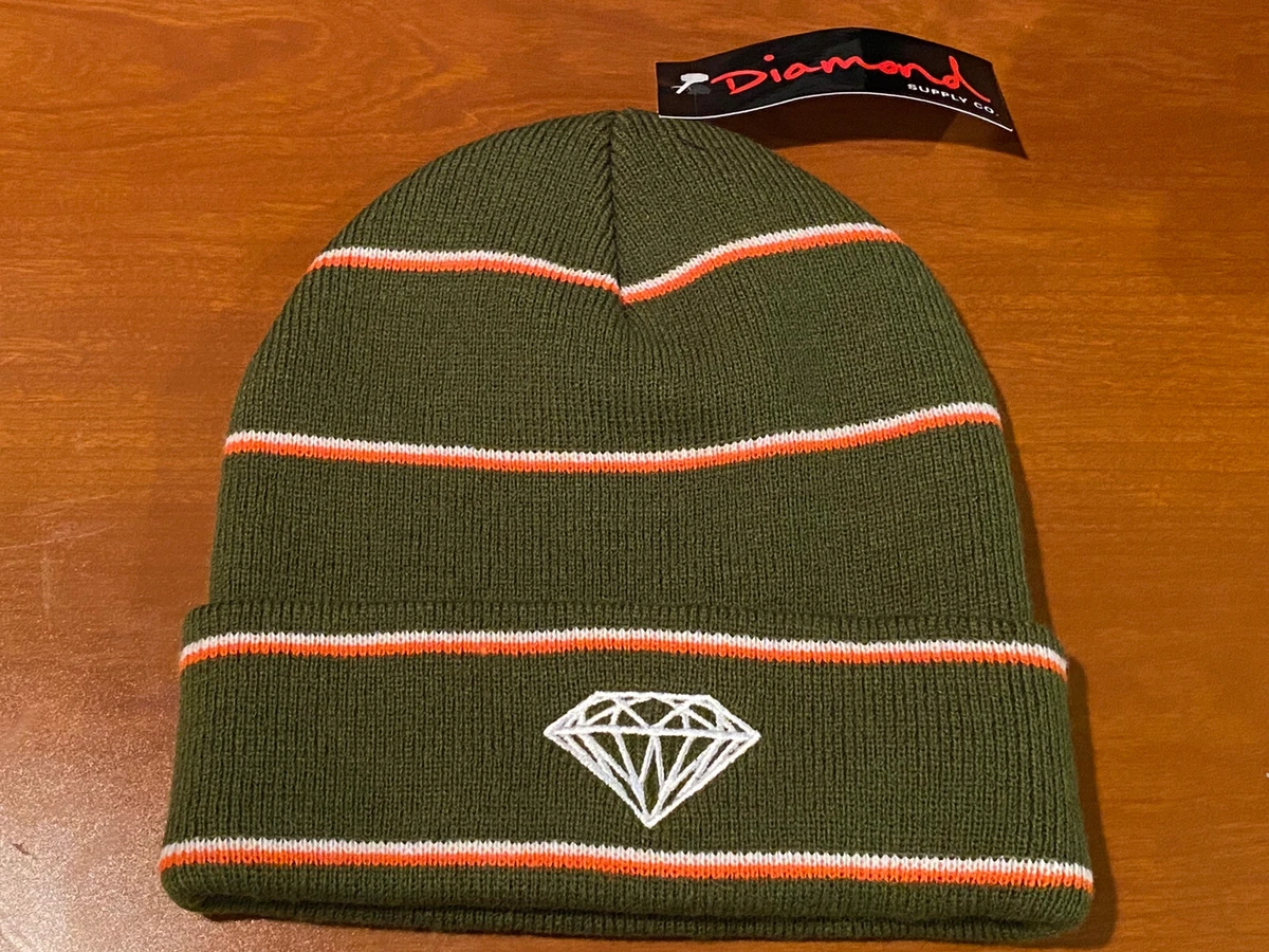 Brand New Diamond Supply Co. Logo Beanie Hat Olive Orange White Stripe Skull Cap