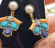 Brass Demi Parure Earrings and Necklace Bohemian Multicolor Acrylic 36in