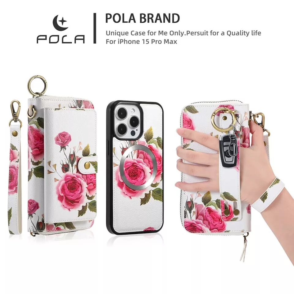 Floral Handbag Wallet Removable Magnetic Cover For iPhone 15 Pro Max XR X/XS 7/8 - Image 3 of 4