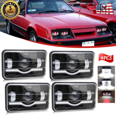 4pcs 4x6 LED Headlights Red DRL Eyes for Ford Mustang 79 -86 Chevy Camaro 82-91