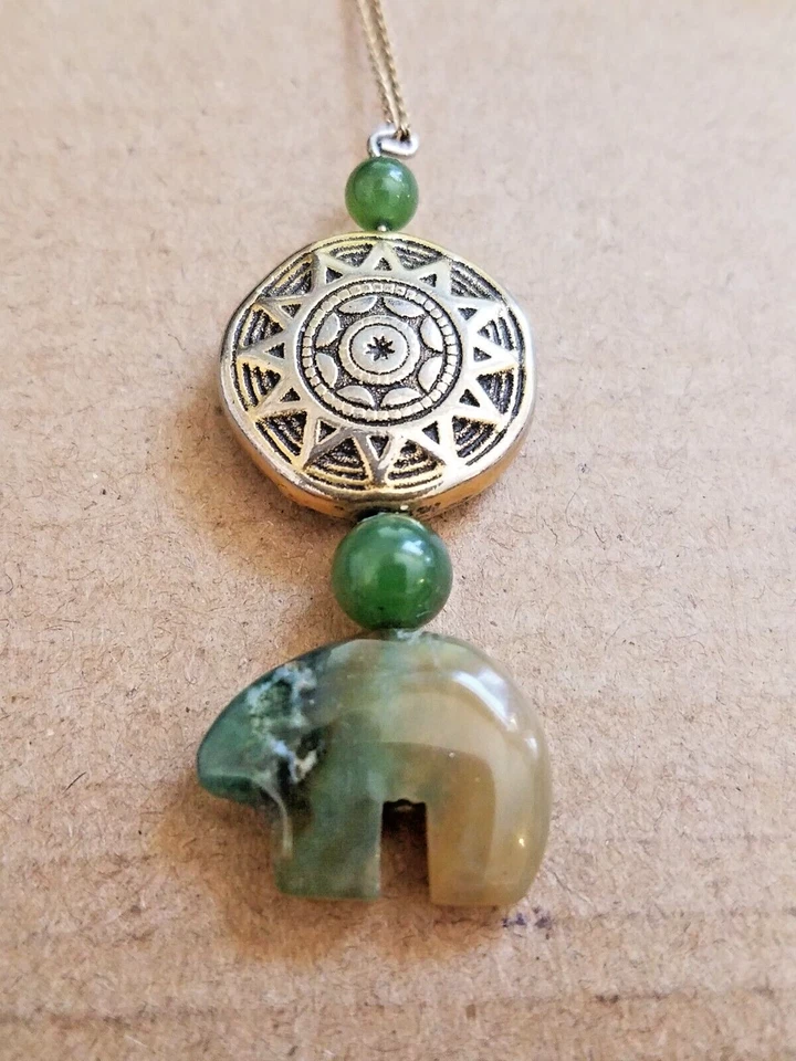 Jasper Bear Jade Beads Gold Tone Sun Pendant Gold Filled Chain Necklace SNA - Image 2 of 4