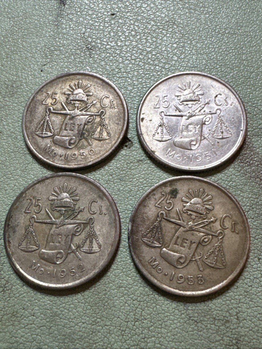coin vap Lot of 4, 1950-1953, Set Mexico Silver 25 centavos coin Cap & Scales