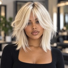 12in Human Hair Wig Women Golden Blonde Long Layered Wavy Natural Full Wig