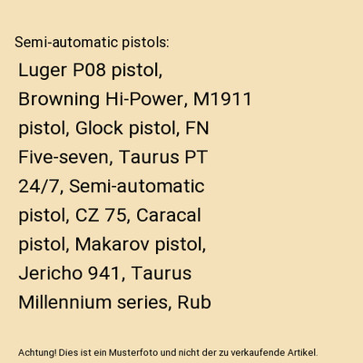 Semi-automatic pistols: Luger P08 pistol, Browning Hi-Power, M1911 pistol, Glock