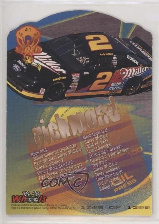 1996 Wheels Viper Copperhead Die-Cut /1399 Rusty Wallace #41 HOF - Image 2 of 2