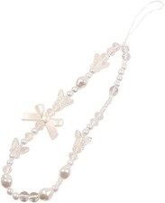 White Cute Phone Charm Lanyard - Pearl Beaded Bow Wrist Strap with Keyring Chain